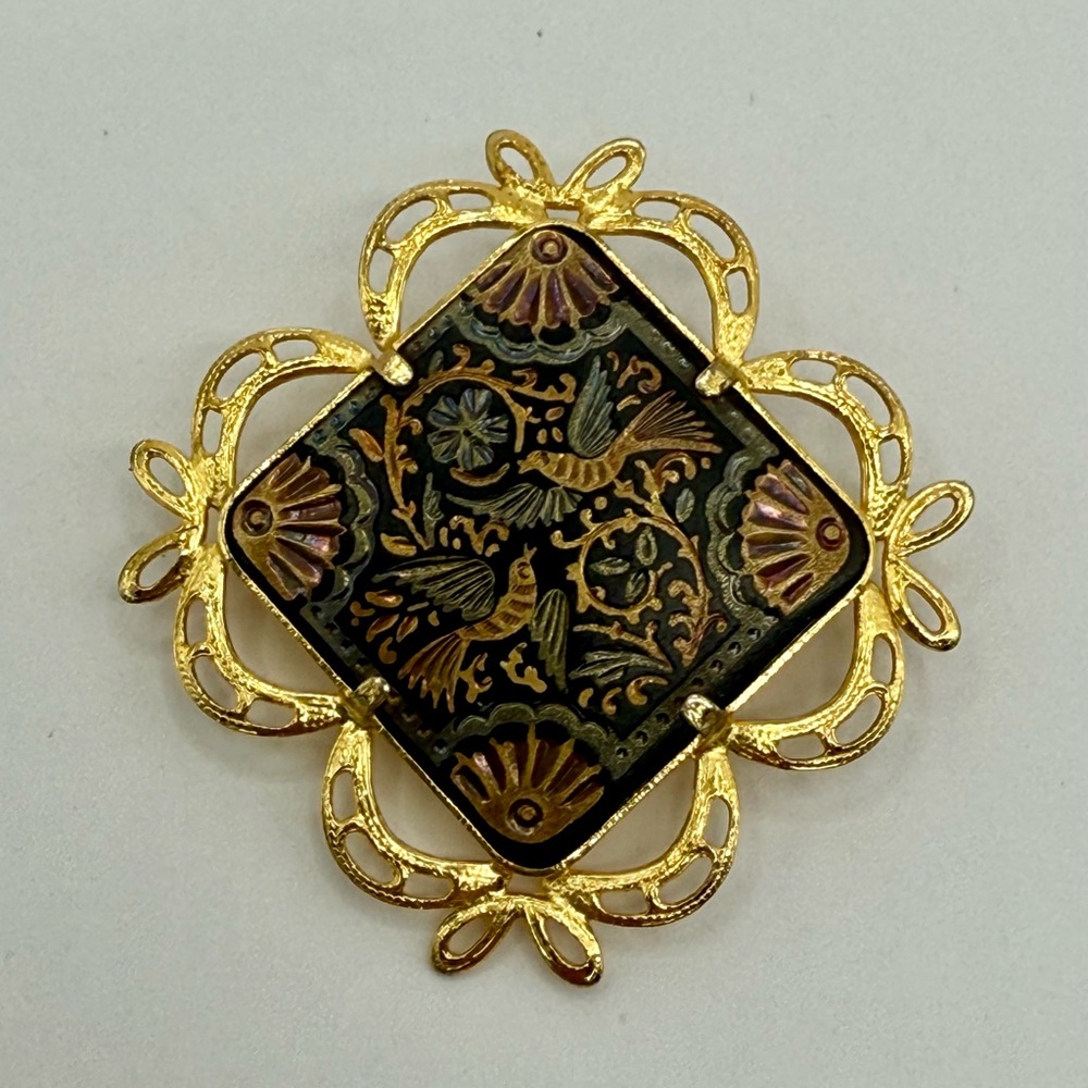 Vintage Damascene Bird and Floral Design Brooch Pin 1.5”